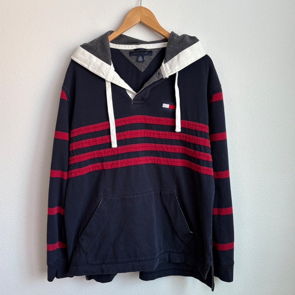 Tommy Hilfiger Mens Navy Blue Red Striped Rugby Hoodie XL Long Sleeve Cotton
